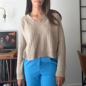 Harper Heritage V Neck Knit‎ Sweater Ribbed Tan Long Sleeve Crop Top